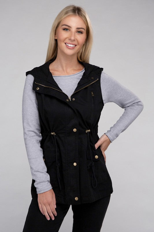 Zenana Drawstring Waist Military Hoodie Vest