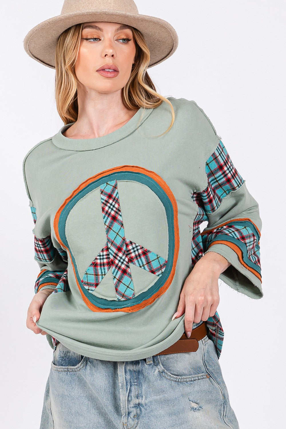 SAGE + FIG Peace Applique Patch Contrast Plaid Top - Boho Soho
