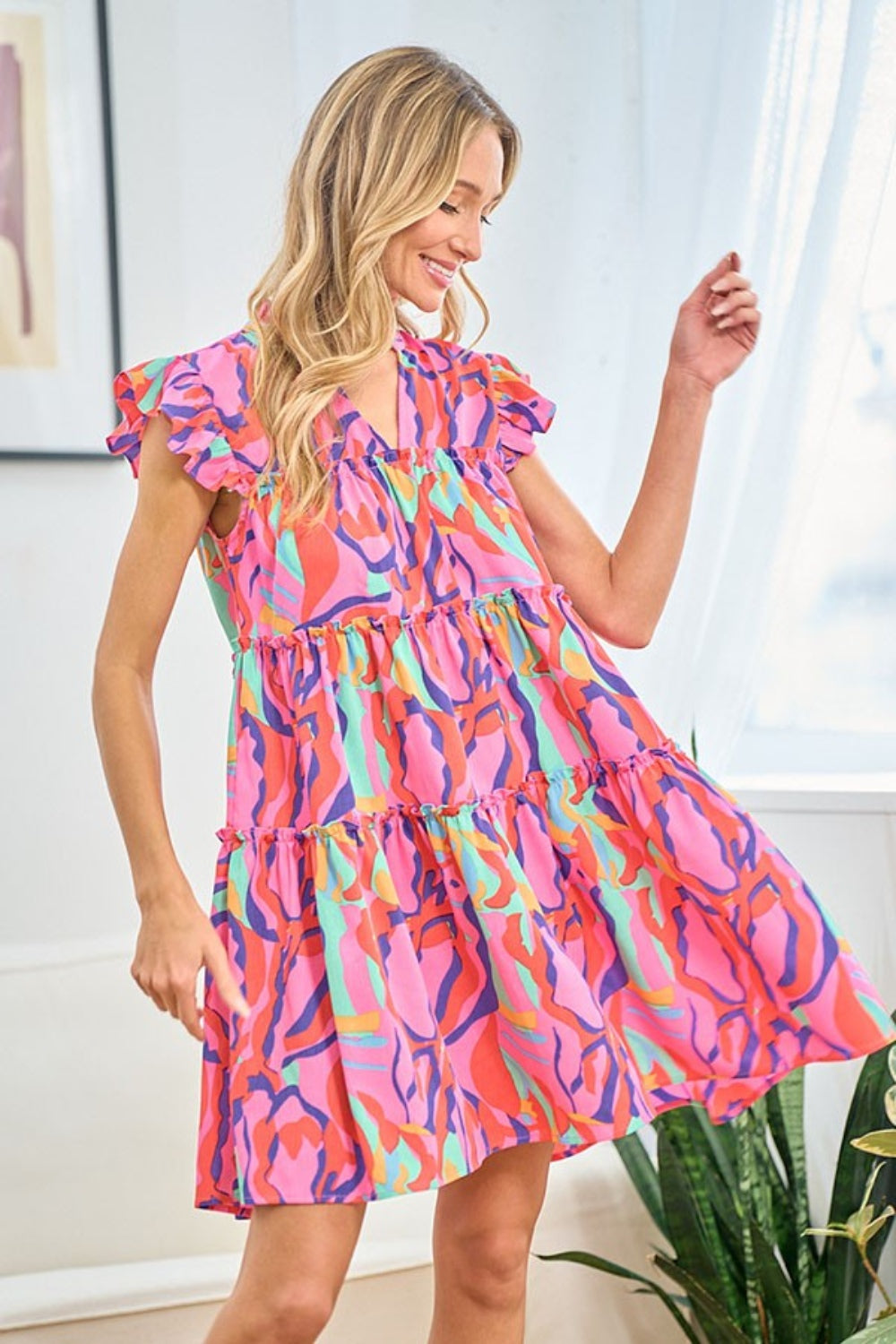 First Love Printed Ruffle Cap Sleeve Tiered Dress