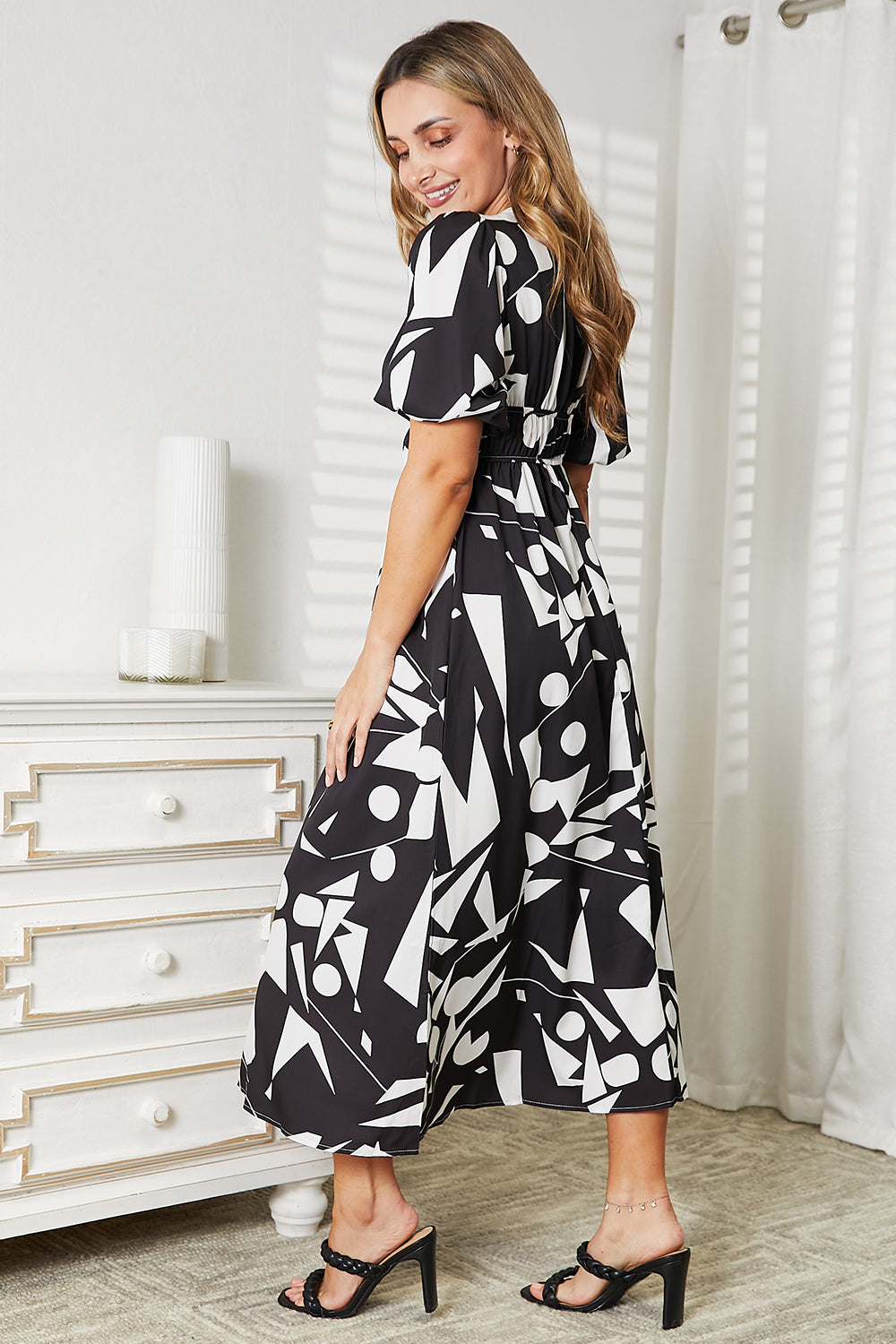 Printed Surplice Balloon Sleeve MIDI Dress