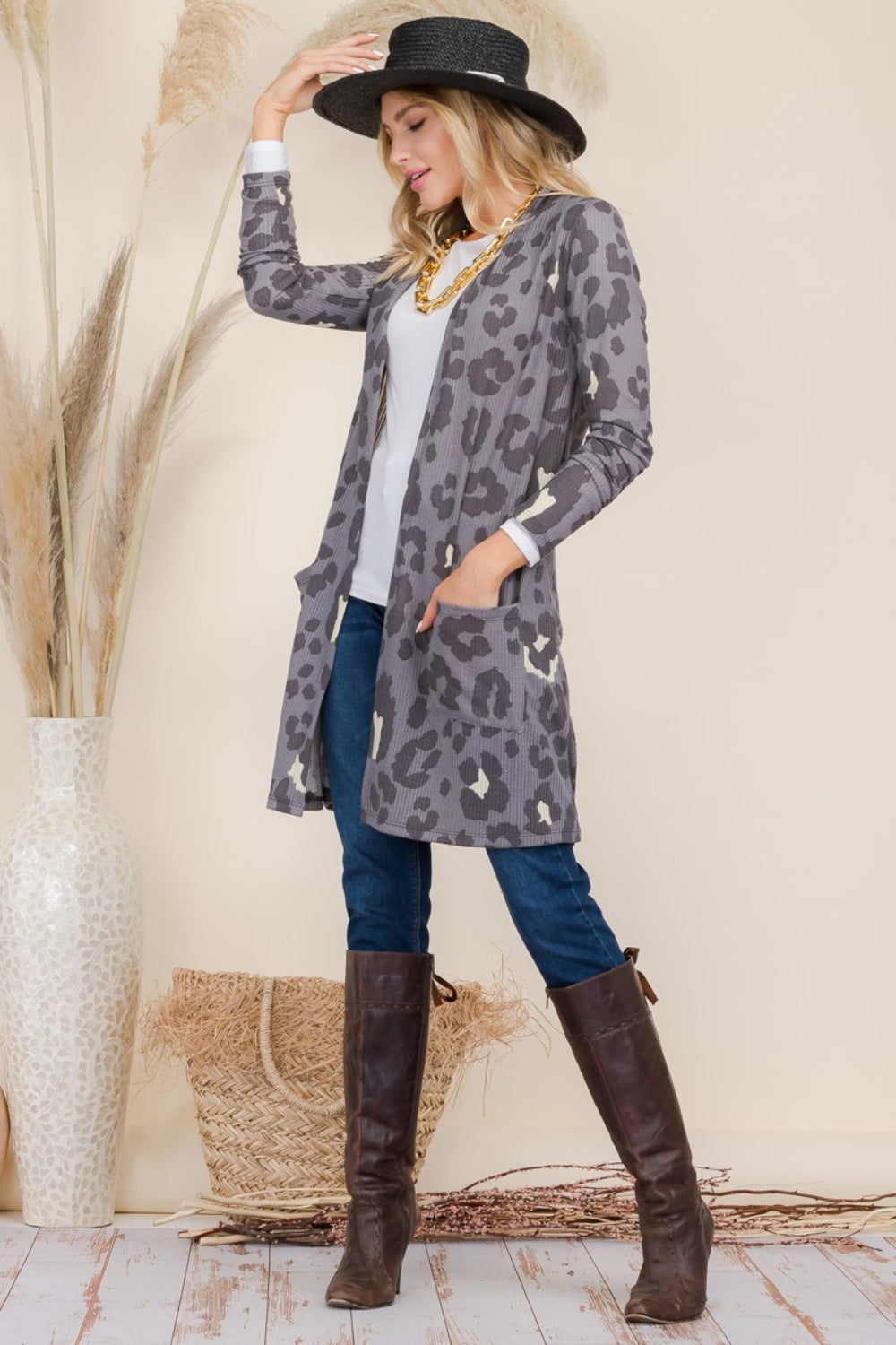 Celeste Leopard Open Front Contrast Cardigan