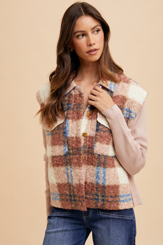 Annie Wear Faux Fur Plaid Button Up Jacket