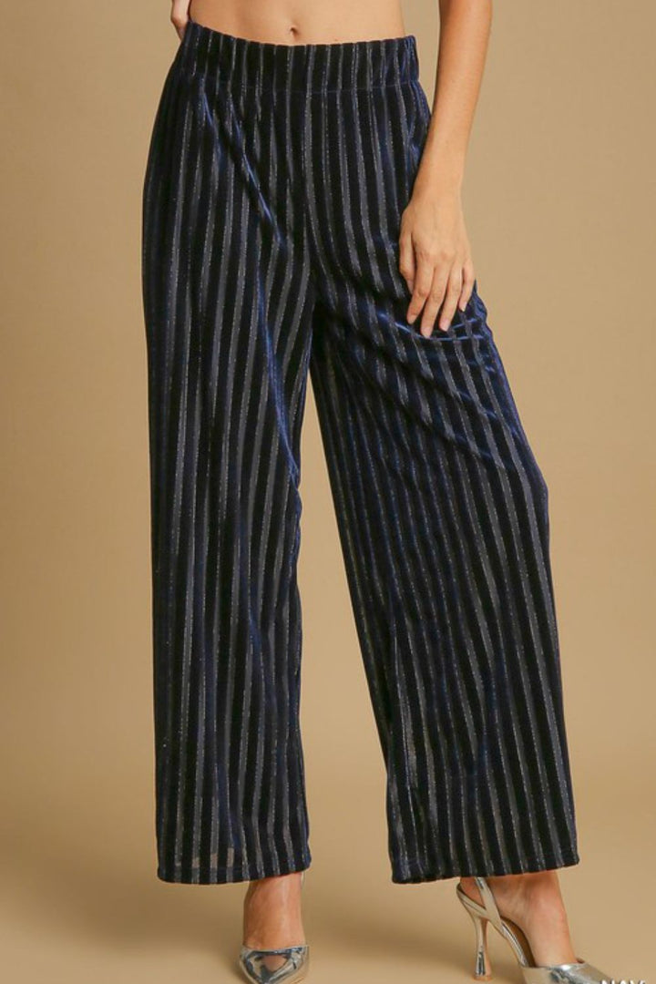 Umgee Elastic Waist Striped Wide Leg Velvet Pants