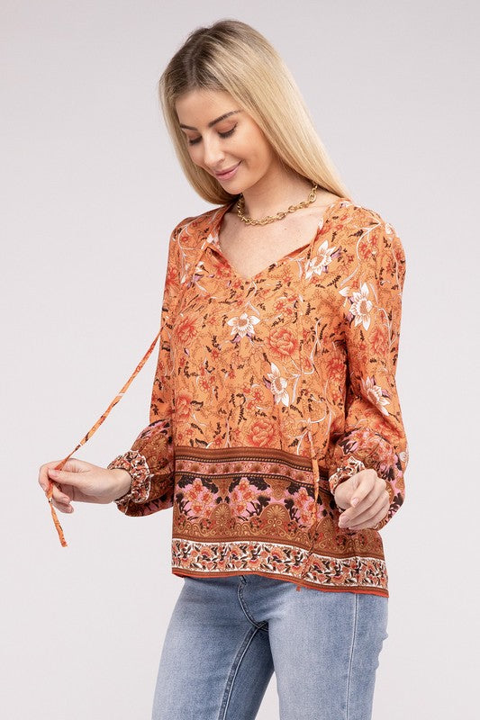 Boho Paisley Print Tie Neck Blouse