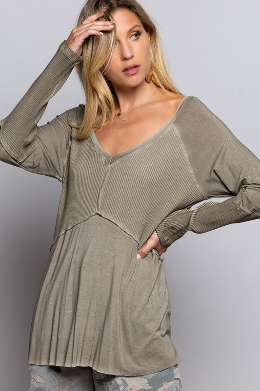 Light Wash Rib Textured Long Sleeve Top - Boho Soho