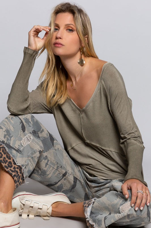 Light Wash Rib Textured Long Sleeve Top - Boho Soho