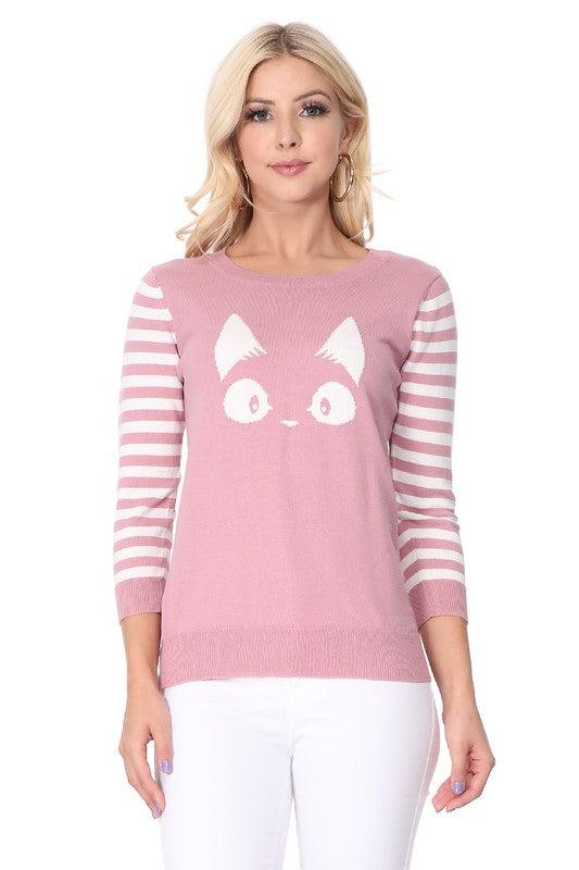 Mak Kitty Cat Jacquard Casual Crewneck PulloverSweater