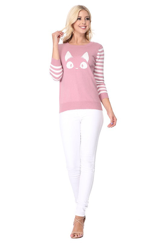 Mak Kitty Cat Jacquard Casual Crewneck PulloverSweater