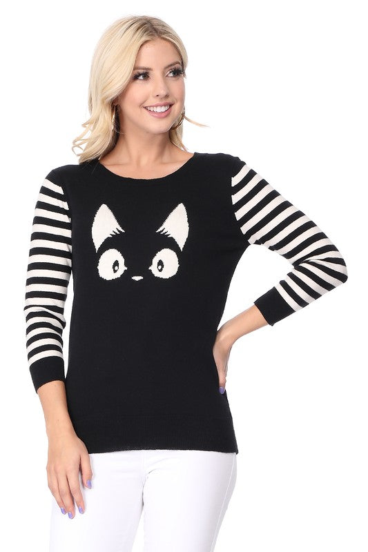 Mak Kitty Cat Jacquard Casual Crewneck PulloverSweater