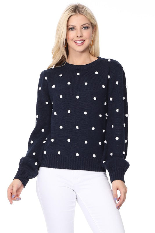 Mak Pom Pom Crochet Polka Dot Round Neck Sweater Top