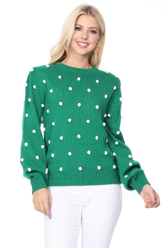 Mak Pom Pom Crochet Polka Dot Round Neck Sweater Top