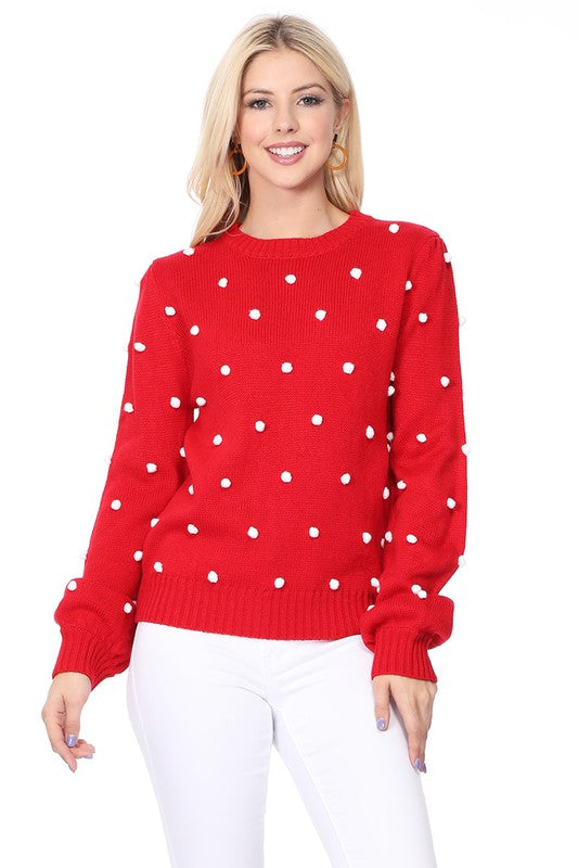 Mak Pom Pom Crochet Polka Dot Round Neck Sweater Top