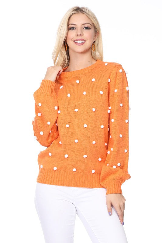 Mak Pom Pom Crochet Polka Dot Round Neck Sweater Top