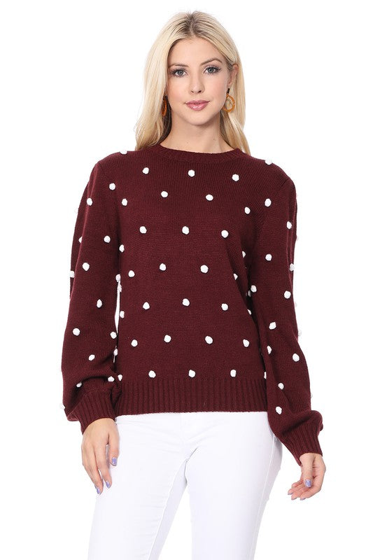 Mak Pom Pom Crochet Polka Dot Round Neck Sweater Top