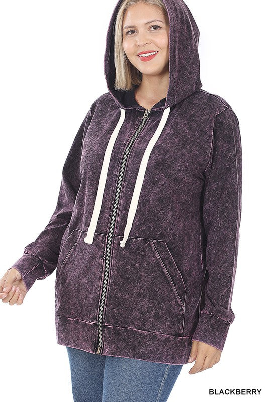 Zenana Plus Mineral Wash Zippers Hoodie Jacket