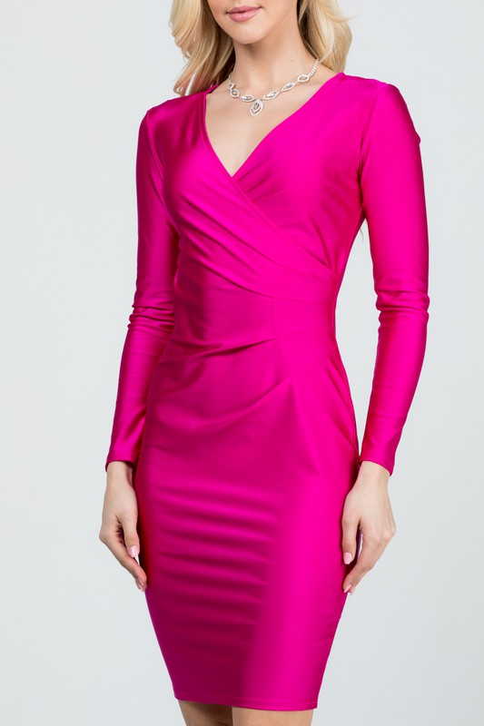 La Scala Long Sleeve Shiny Surplice Cocktail Dress