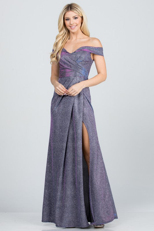 La Scala Off The Shoulder Glittery Pleated Gown