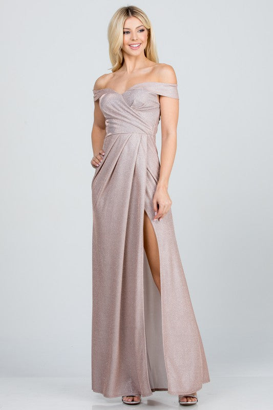 La Scala Off The Shoulder Glittery Pleated Gown