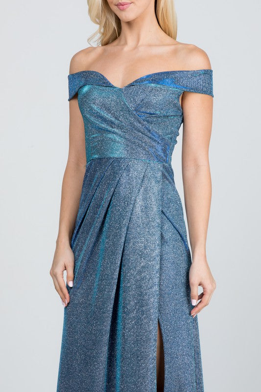 La Scala Off The Shoulder Glittery Pleated Gown