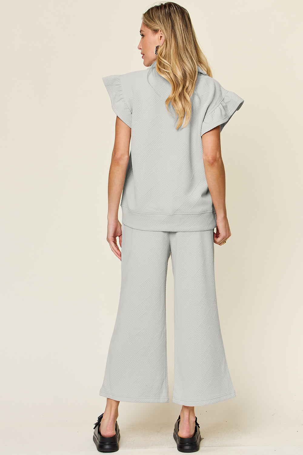 Double Take Texture Ruffle Sleeve Top and Drawstring Wide Leg Pants Set