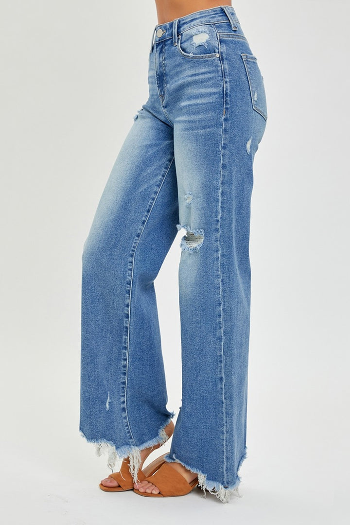 Risen High Rise Frayed Hem Wide Leg Jeans