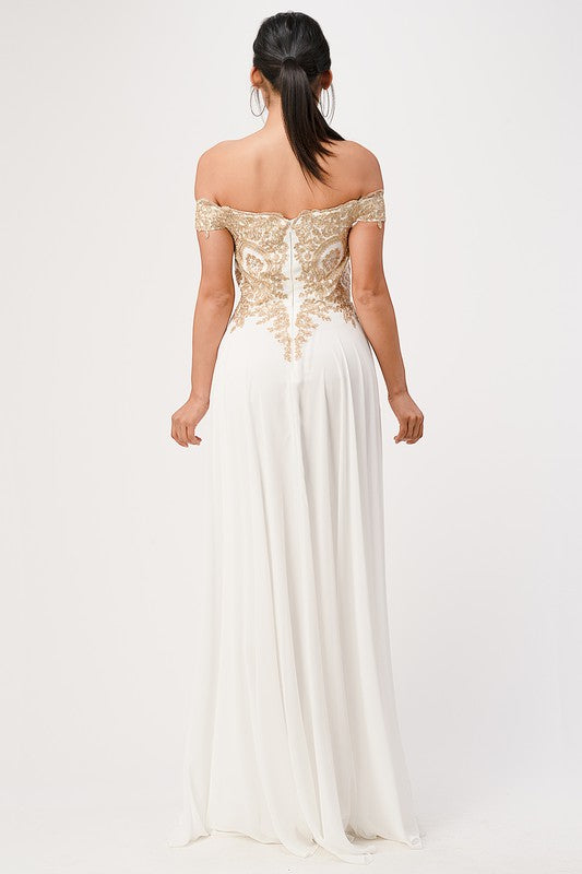 La Scala Gold Appliqué Off Shoulder Chiffon Gown Plus Size