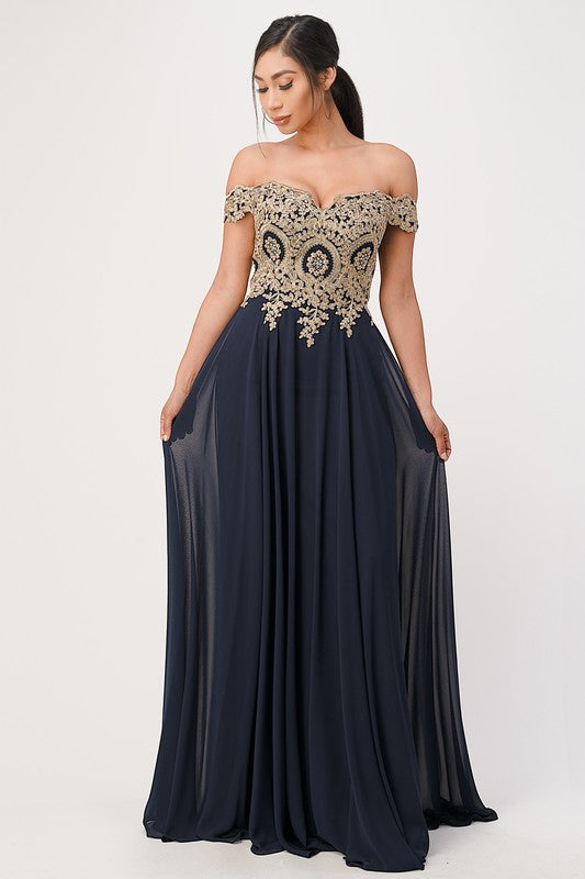 La Scala Gold Appliqué Off Shoulder Chiffon Gown Plus Size