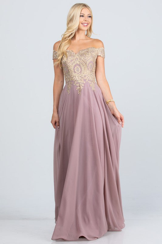 La Scala Gold Appliqué Off Shoulder Chiffon Gown Plus Size