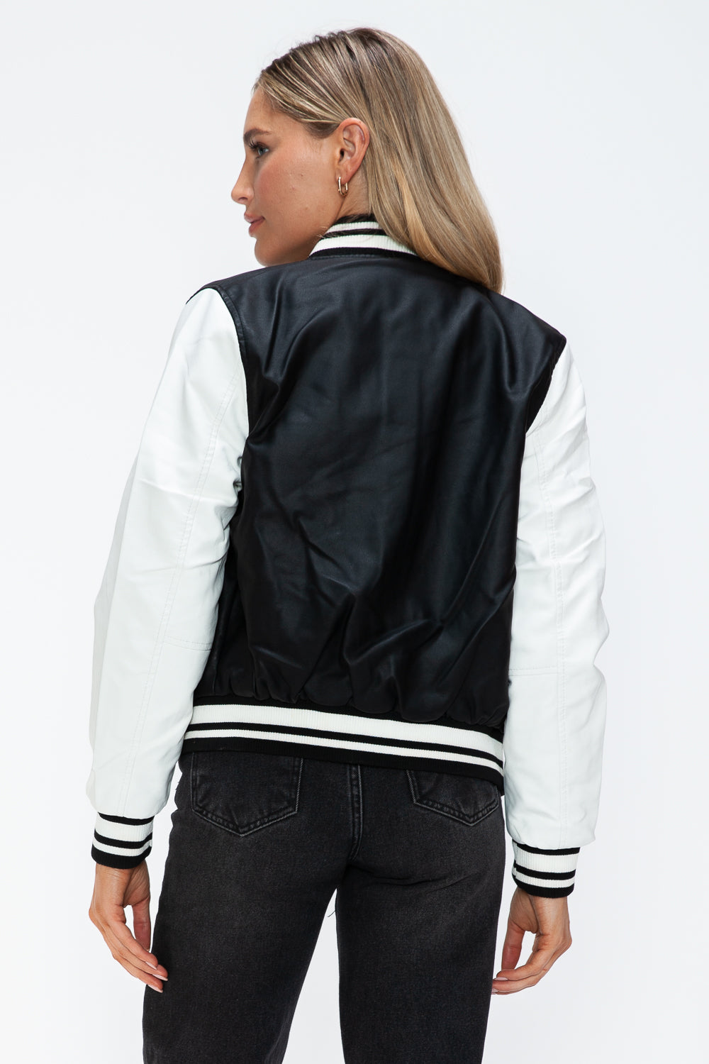 Love Me Now PU Leather Contrast Snap Down Bomber Jacket - Boho Soho