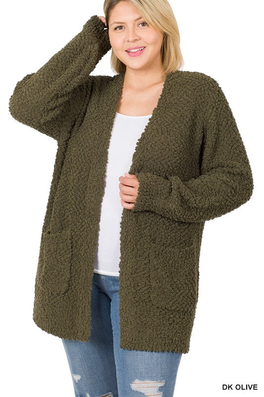 Zenana Plus Puff Sleeve Popcorn Cardigan With Pockets