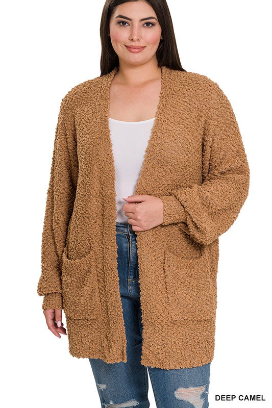 Zenana Plus Puff Sleeve Popcorn Cardigan With Pockets