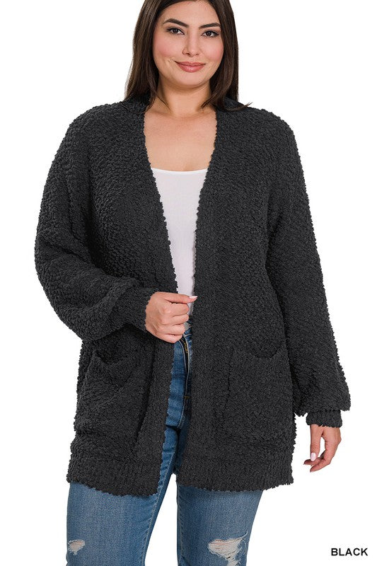 Zenana Plus Puff Sleeve Popcorn Cardigan With Pockets