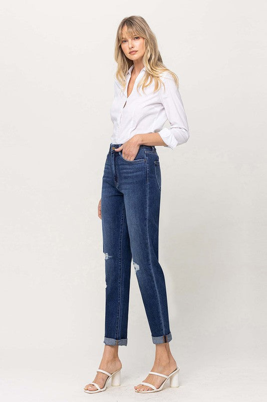 Flying Monkey Distressed Double Cuffed Stretch Mom Jeans