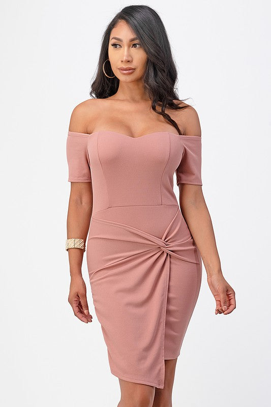 La Scala Off The Shoulder Twist Front Bodycon Cocktail Dress