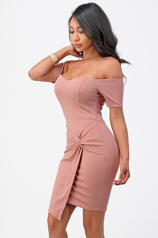 La Scala Off The Shoulder Twist Front Bodycon Cocktail Dress