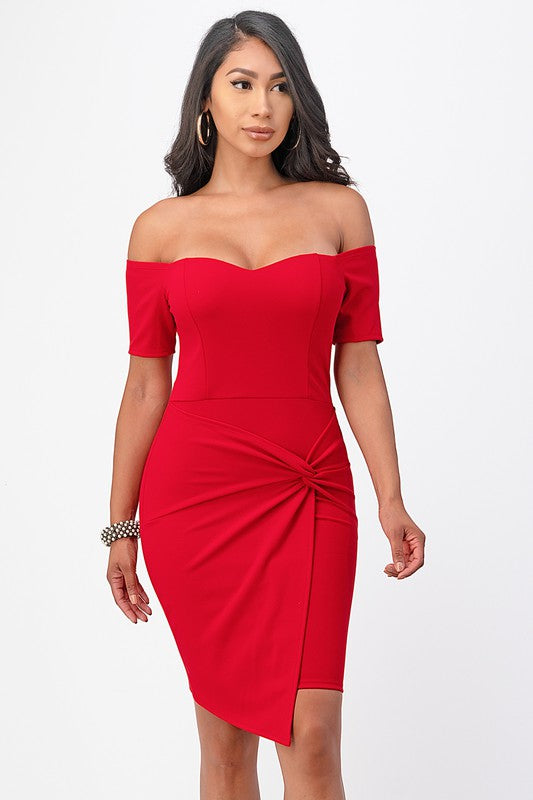 La Scala Off The Shoulder Twist Front Bodycon Cocktail Dress