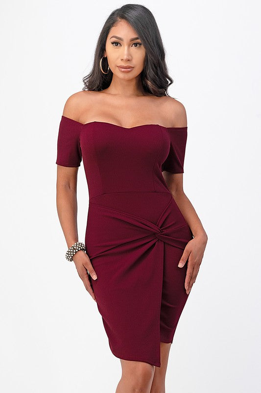 La Scala Off The Shoulder Twist Front Bodycon Cocktail Dress