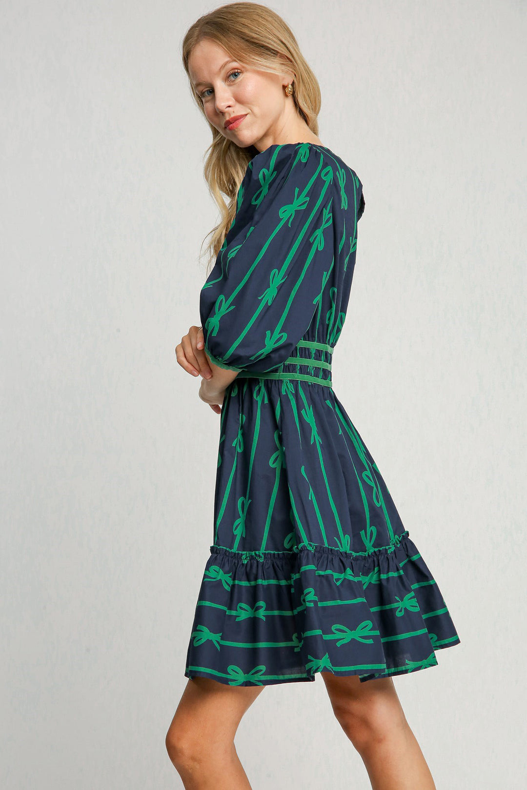 Umgee Bow Print Frill Contrast Velvet Trim Half Sleeve Dress