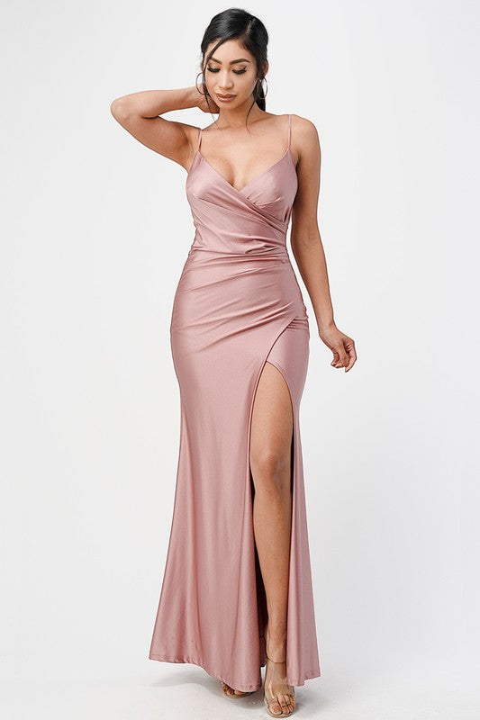 La Scala Tara Side Surplice Pleat Side Slit Gown