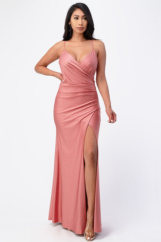 La Scala Tara Side Surplice Pleat Side Slit Gown