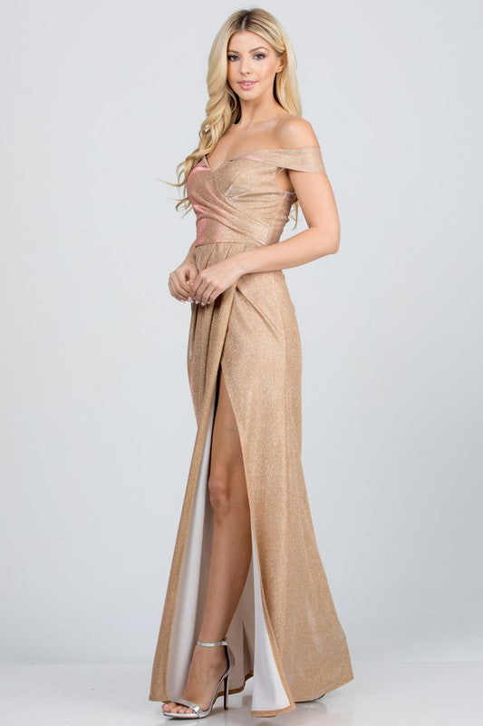 La Scala Off The Shoulder Glittery Pleated Gown