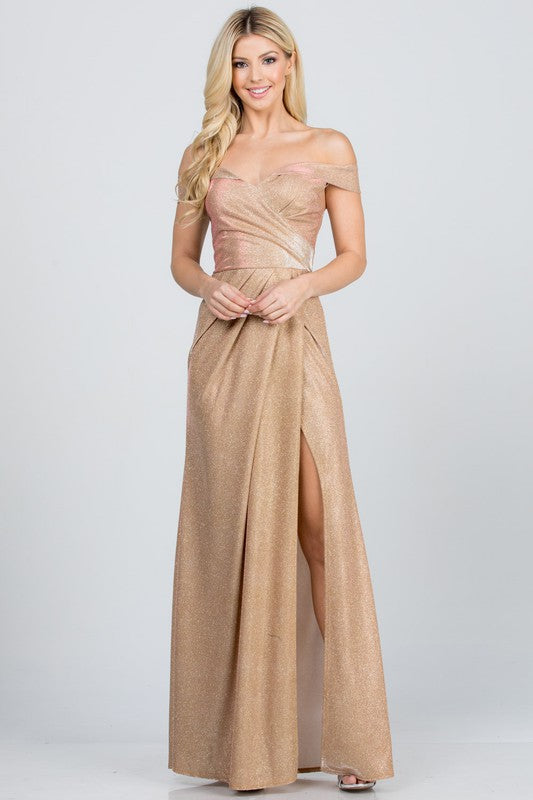 La Scala Off The Shoulder Glittery Pleated Gown