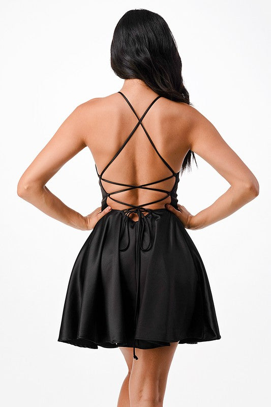 La Scala Satiny Lace-Up Back Skater Dress