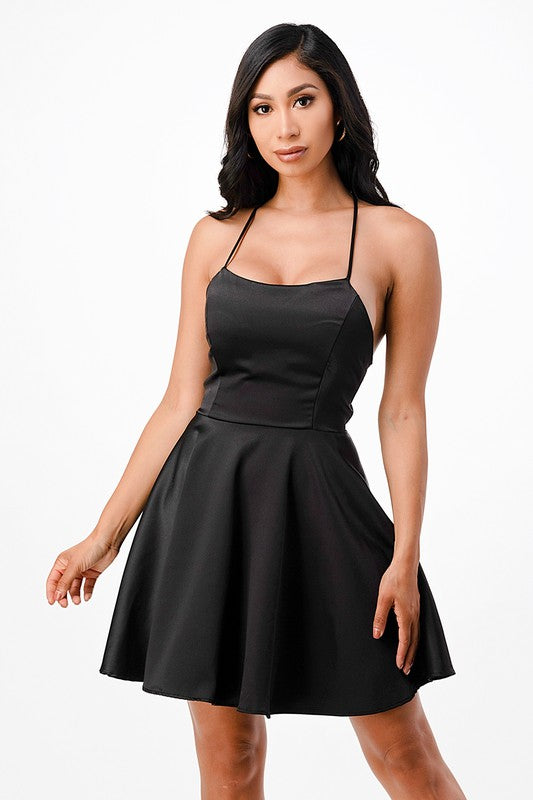 La Scala Satiny Lace-Up Back Skater Dress