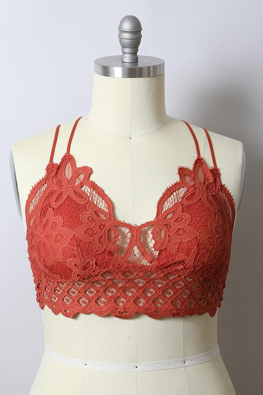 Plus Size Padded Boho Crochet Lace Longline Bralette