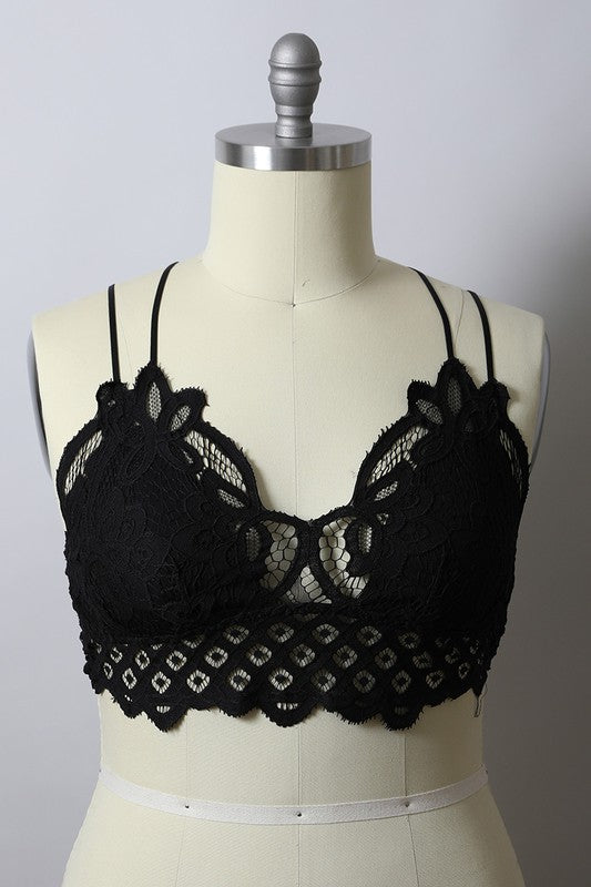 Plus Size Padded Boho Crochet Lace Longline Bralette