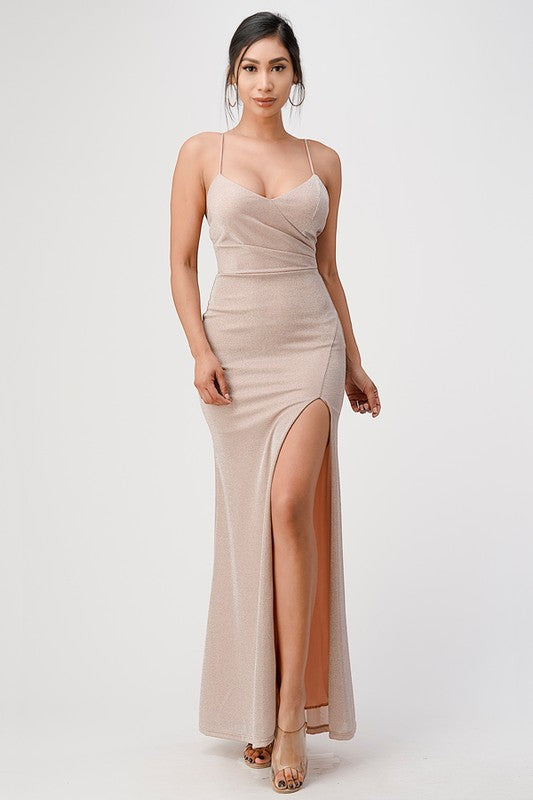 La Scala Sparkling Jacquard Spaghetti Strap Gown