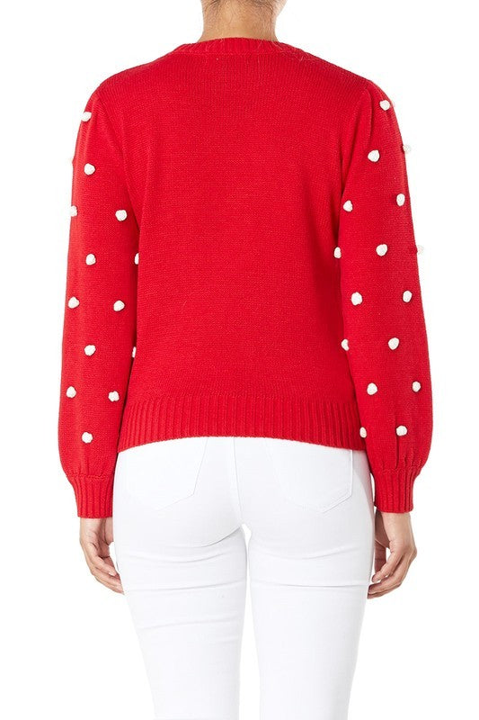 Mak Pom Pom Crochet Polka Dot Round Neck Sweater Top