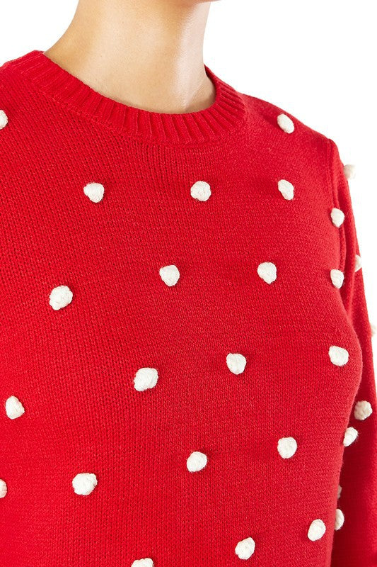 Mak Pom Pom Crochet Polka Dot Round Neck Sweater Top