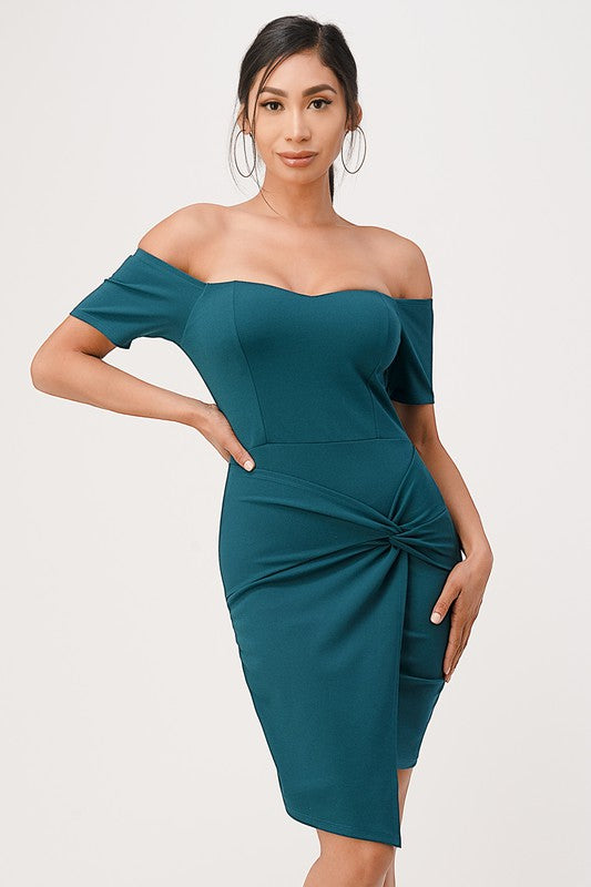 La Scala Off The Shoulder Twist Front Bodycon Cocktail Dress